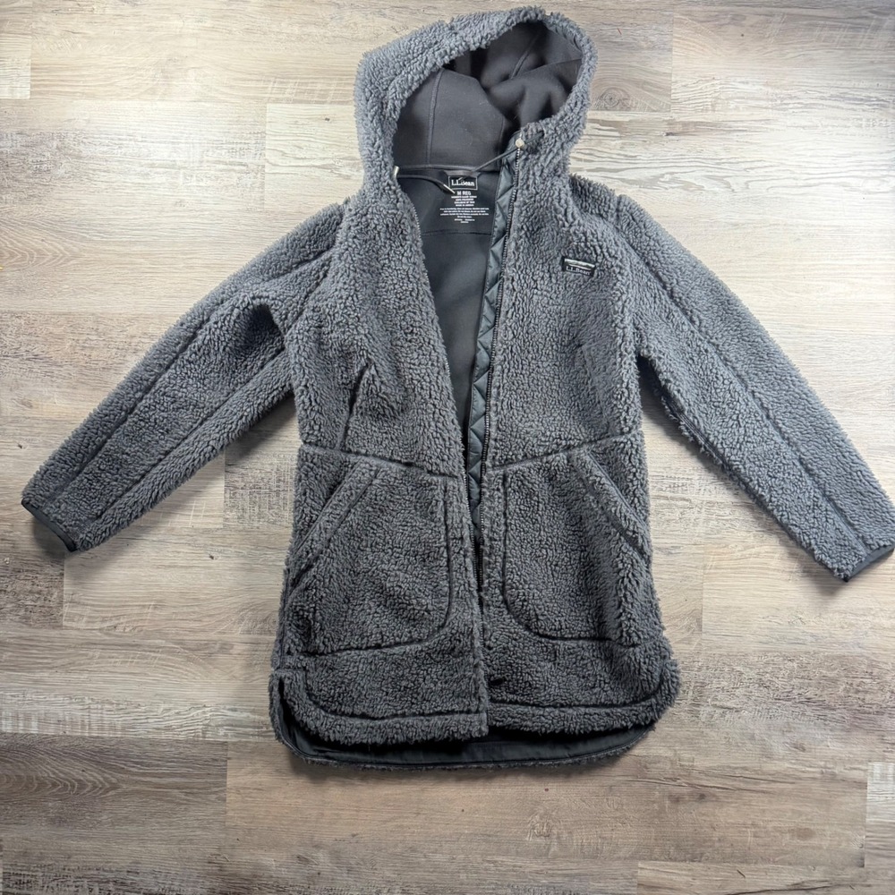 LL Bean Womens Mountain Pile Fleece Hooded Coat Gray Full Zip Jacket M Outdoor